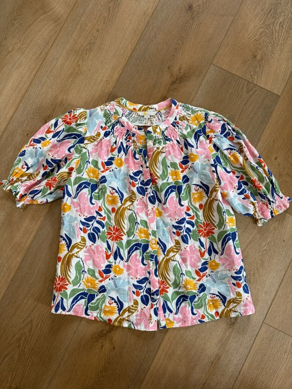 Boden Linen Floral Button-Front Top in Pink, Blue & Brown - Picture 2 of 7